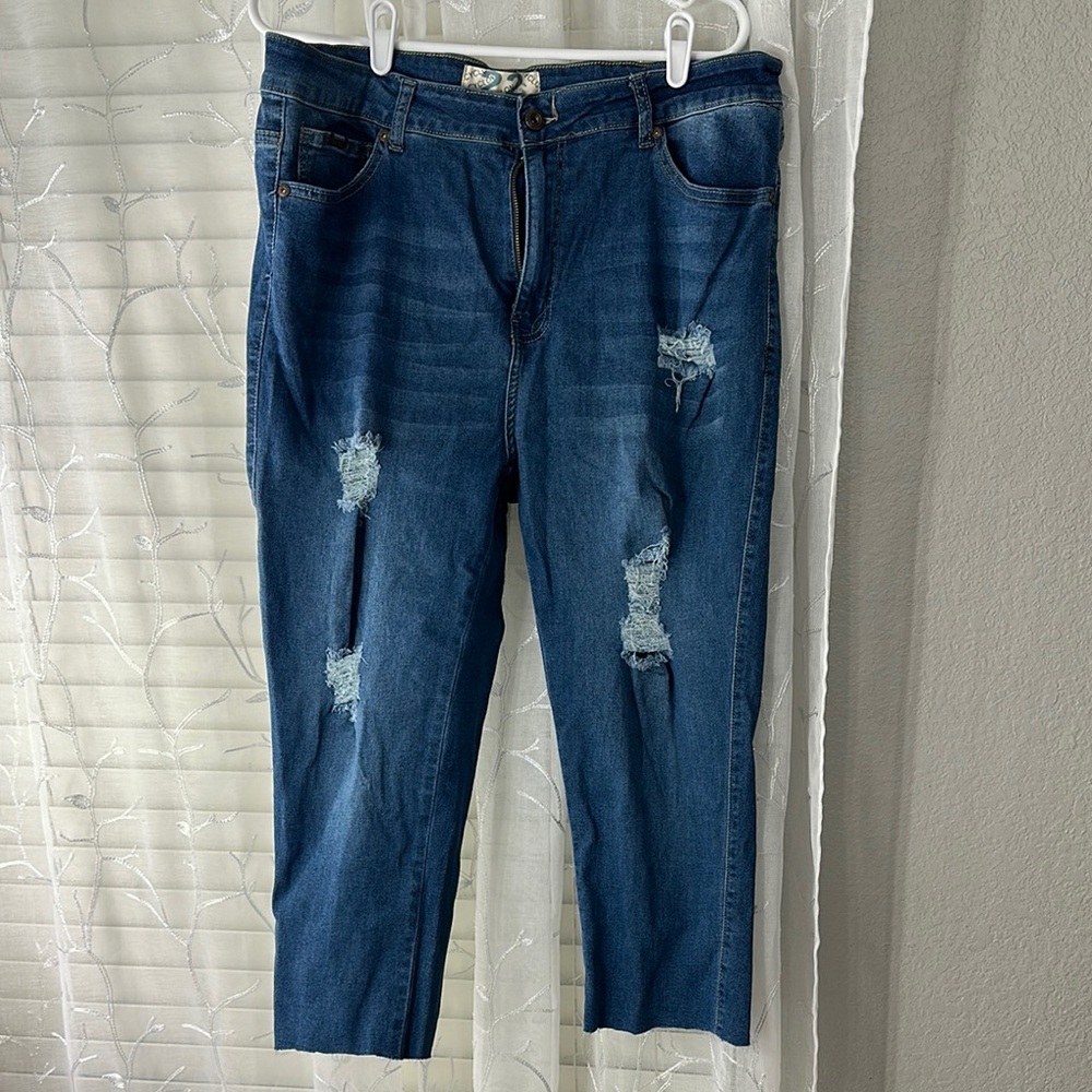 Blue Cropped Distressed Denim Jeans